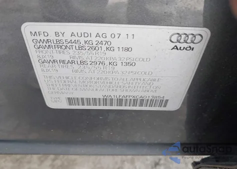 2012 Audi Q5 2.0T Premium z USA, uszkodzony, nr VIN WA1LFAFPXCA013854